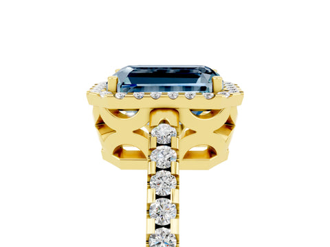 Yellow gold Emerald Cut Aquamarine Halo Engagement Ring with Pavé Band and Prong Setting_17