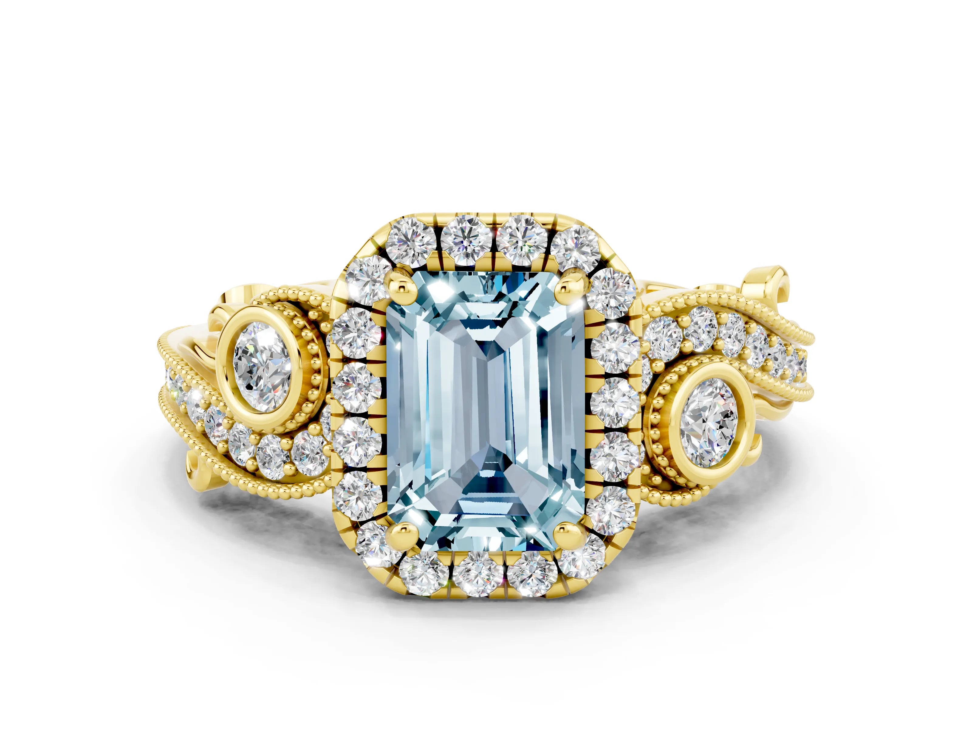 Yellow gold Emerald Cut Aquamarine Halo Ring with Milgrain Pavé Band and Four-Prong Setting_12