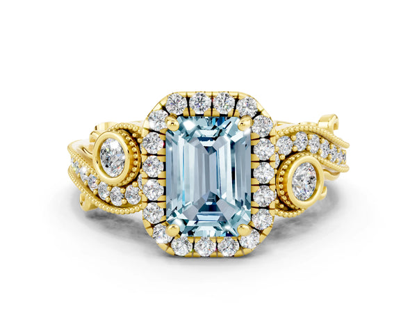 Yellow gold Emerald Cut Aquamarine Halo Ring with Milgrain Pavé Band and Four-Prong Setting