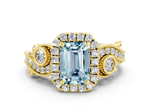 Yellow gold Emerald Cut Aquamarine Halo Ring with Milgrain Pavé Band and Four-Prong Setting_12