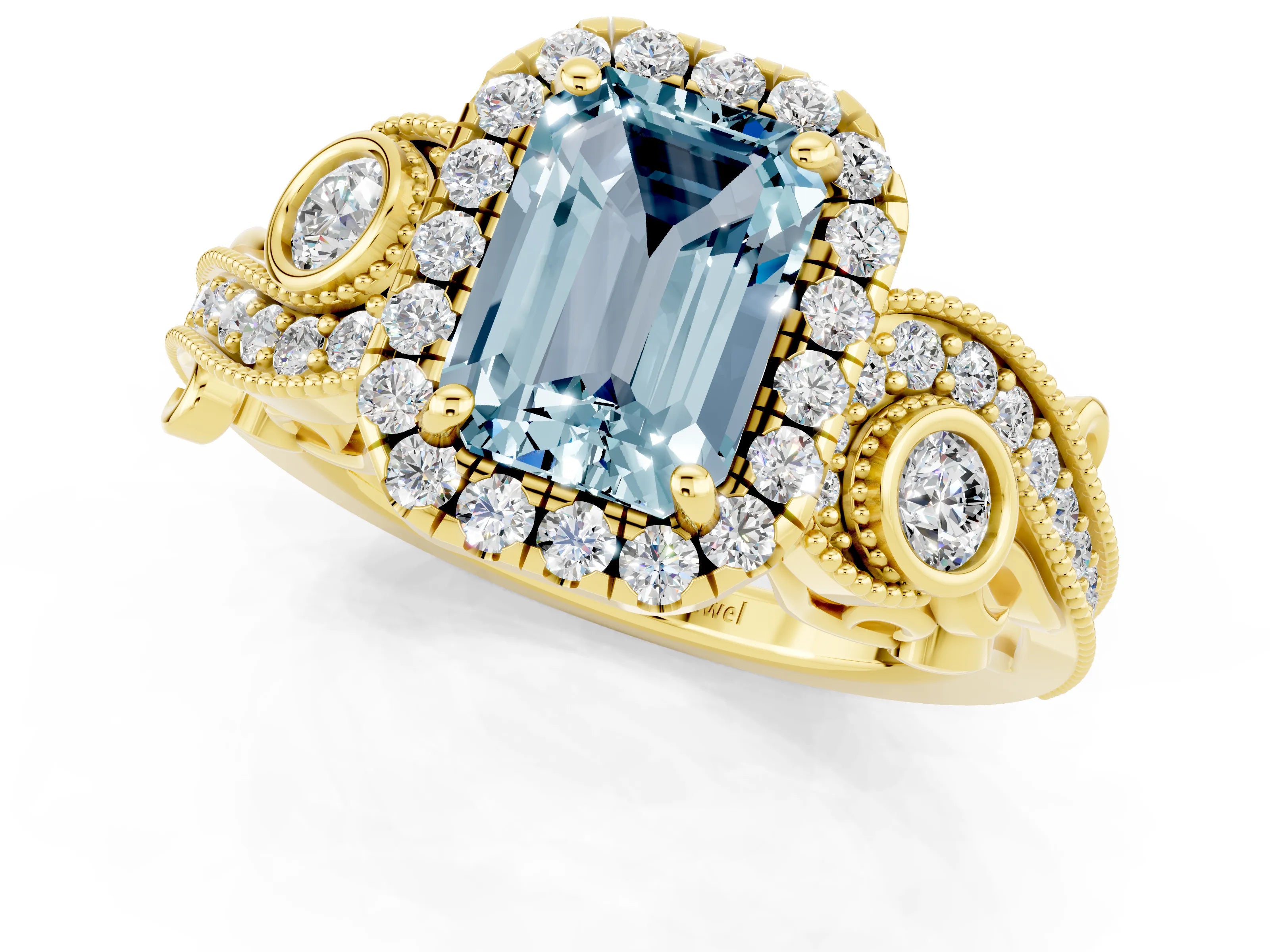 Yellow gold Emerald Cut Aquamarine Halo Ring with Milgrain Pavé Band and Four-Prong Setting_13