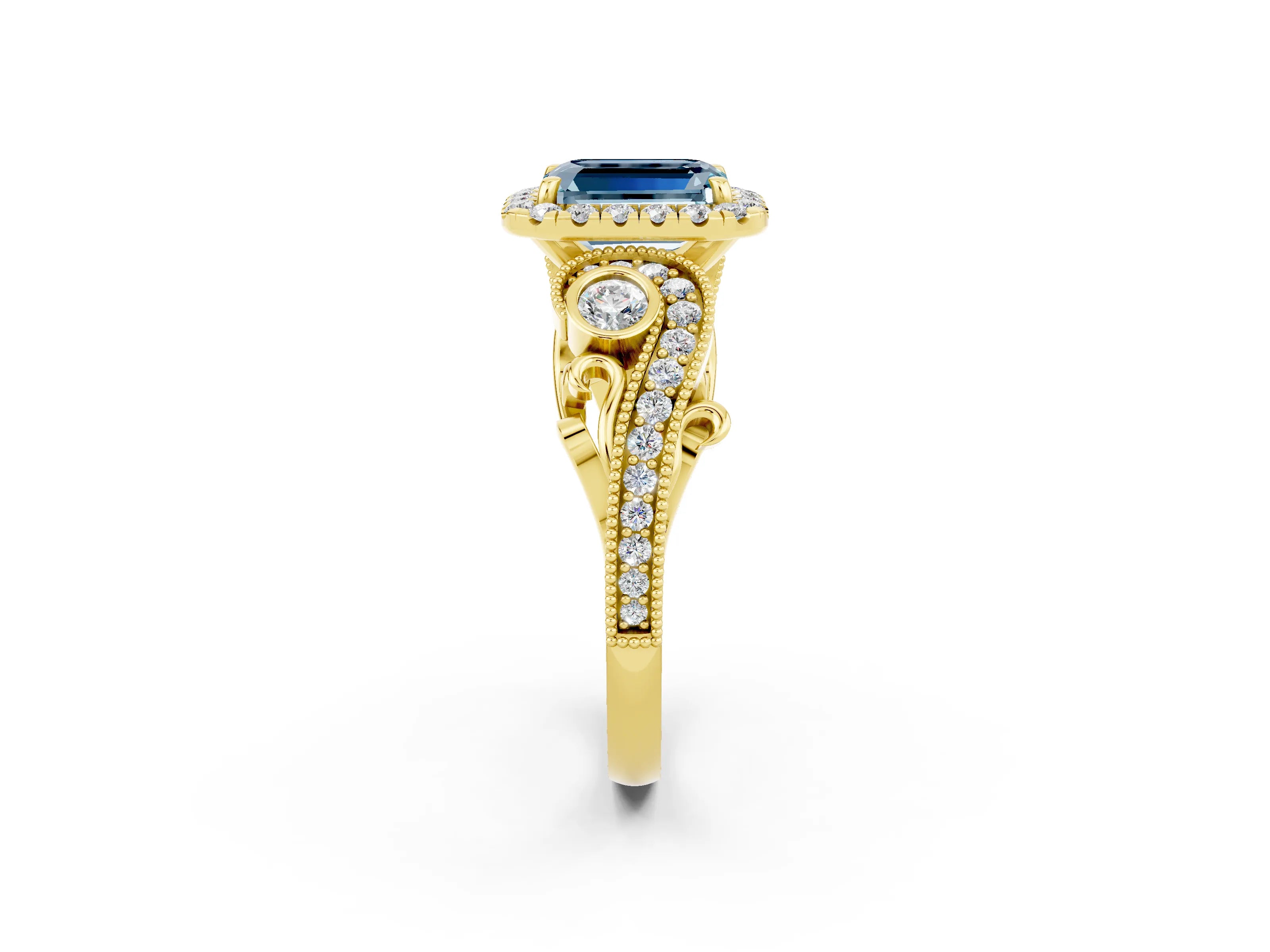 Yellow gold Emerald Cut Aquamarine Halo Ring with Milgrain Pavé Band and Four-Prong Setting_14