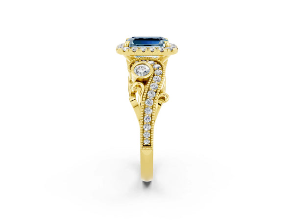 Yellow gold Emerald Cut Aquamarine Halo Ring with Milgrain Pavé Band and Four-Prong Setting