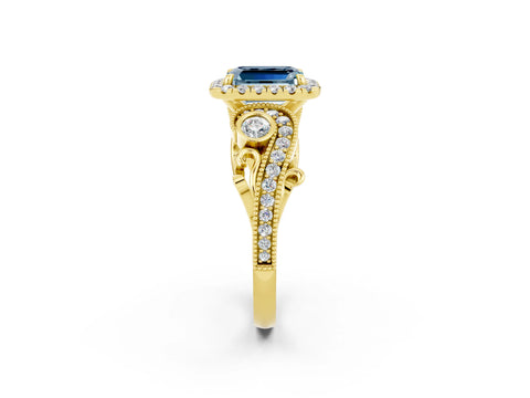 Yellow gold Emerald Cut Aquamarine Halo Ring with Milgrain Pavé Band and Four-Prong Setting_14