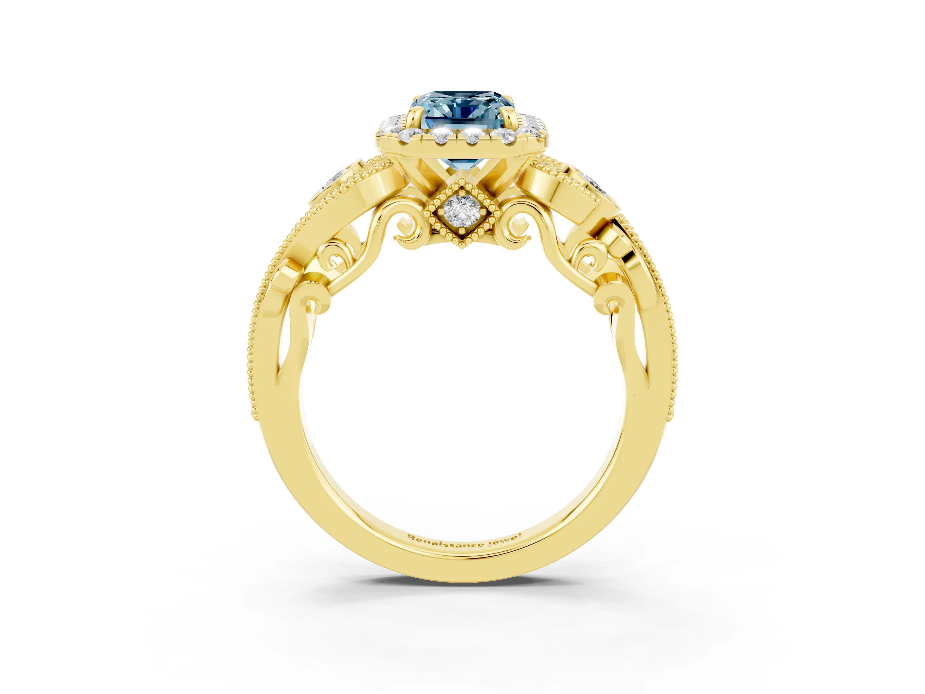 Yellow gold Emerald Cut Aquamarine Halo Ring with Milgrain Pavé Band and Four-Prong Setting_15