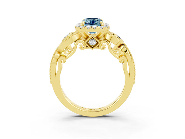 Yellow gold Emerald Cut Aquamarine Halo Ring with Milgrain Pavé Band and Four-Prong Setting