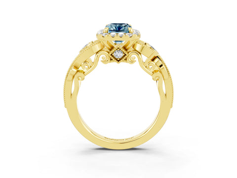 Yellow gold Emerald Cut Aquamarine Halo Ring with Milgrain Pavé Band and Four-Prong Setting_15