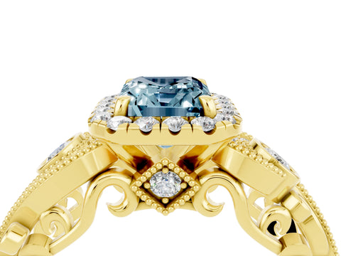 Yellow gold Emerald Cut Aquamarine Halo Ring with Milgrain Pavé Band and Four-Prong Setting_16