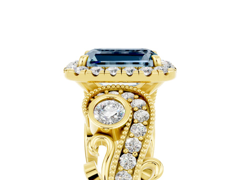 Yellow gold Emerald Cut Aquamarine Halo Ring with Milgrain Pavé Band and Four-Prong Setting_17
