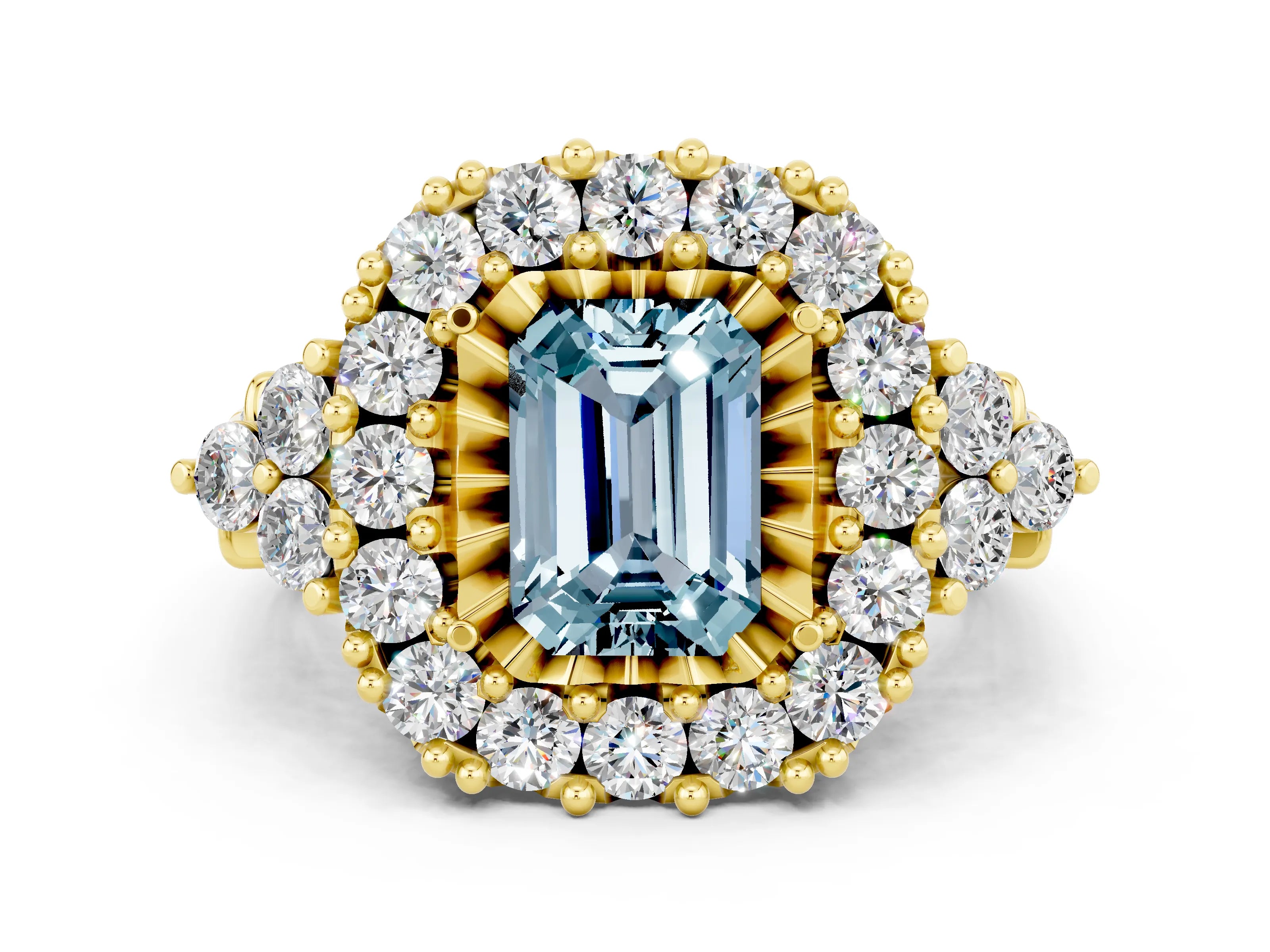 Yellow gold Emerald Cut Aquamarine Halo Ring with Pavé Band and Four-Prong Setting_12