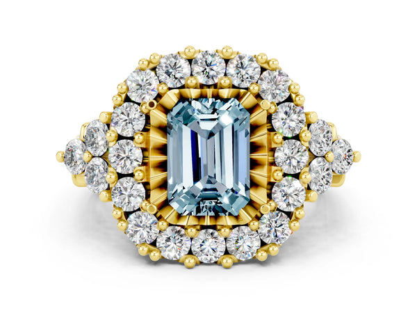 Yellow gold Emerald Cut Aquamarine Halo Ring with Pavé Band and Four-Prong Setting