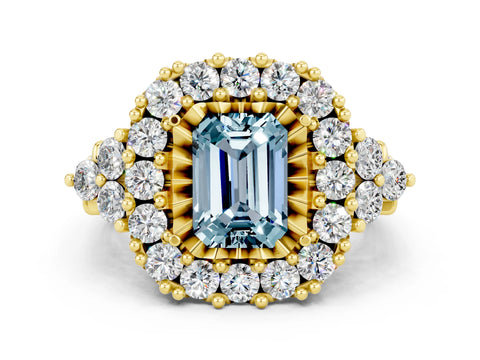Yellow gold Emerald Cut Aquamarine Halo Ring with Pavé Band and Four-Prong Setting_12