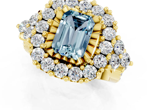 Yellow gold Emerald Cut Aquamarine Halo Ring with Pavé Band and Four-Prong Setting_13