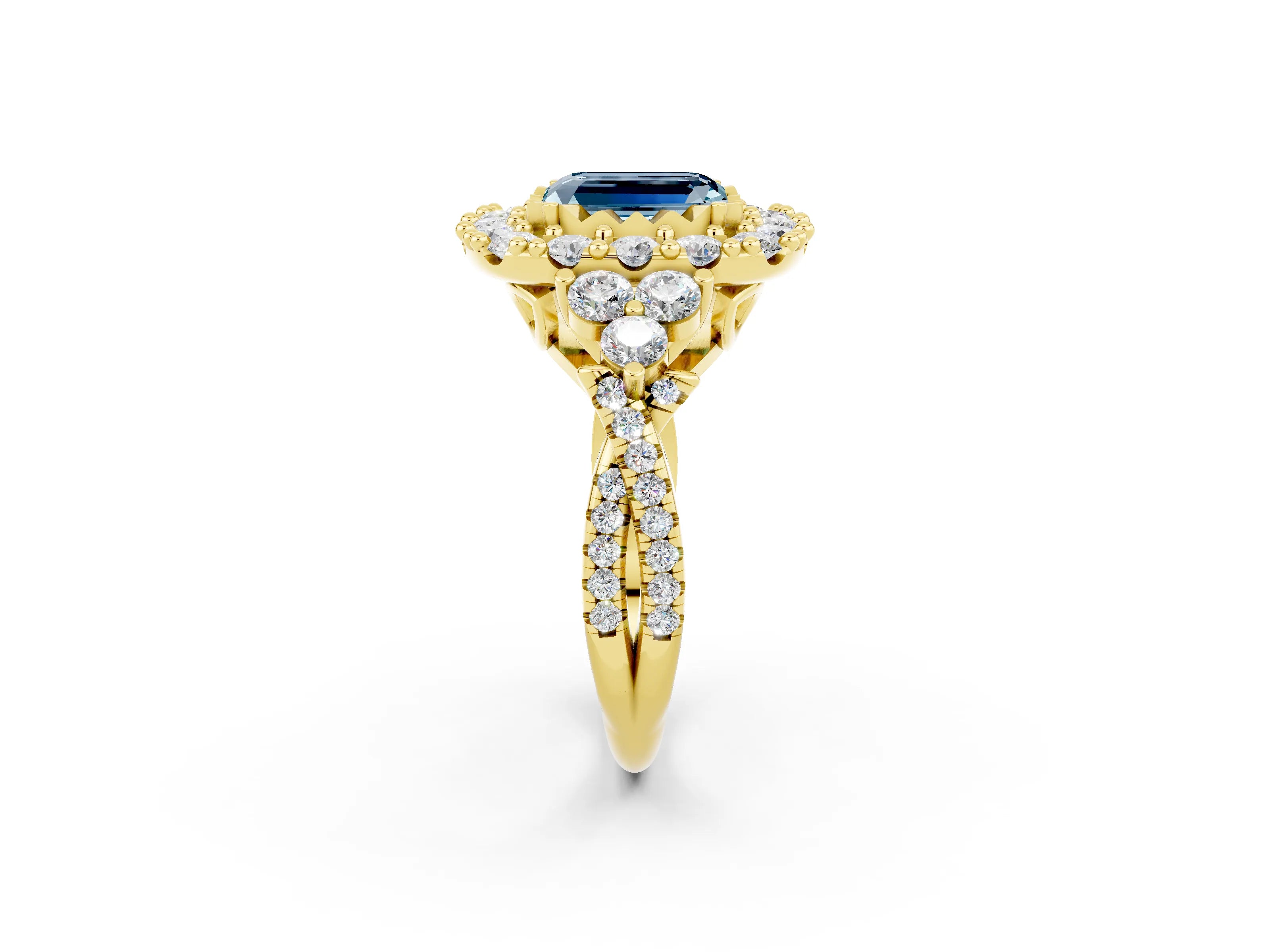 Yellow gold Emerald Cut Aquamarine Halo Ring with Pavé Band and Four-Prong Setting_14