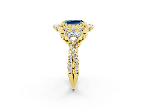 Yellow gold Emerald Cut Aquamarine Halo Ring with Pavé Band and Four-Prong Setting