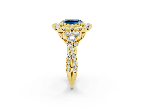 Yellow gold Emerald Cut Aquamarine Halo Ring with Pavé Band and Four-Prong Setting_14