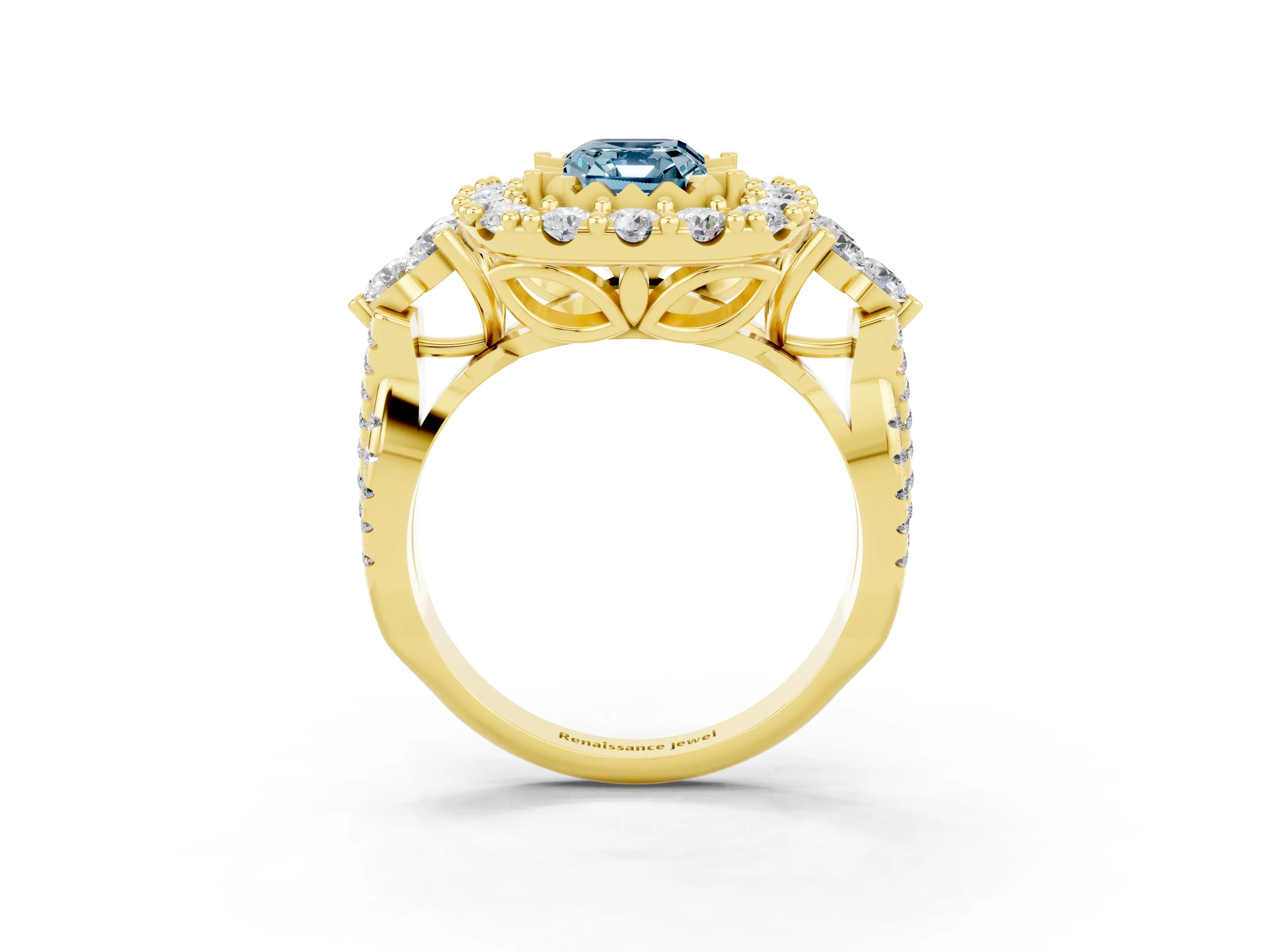 Yellow gold Emerald Cut Aquamarine Halo Ring with Pavé Band and Four-Prong Setting_15
