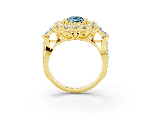 Yellow gold Emerald Cut Aquamarine Halo Ring with Pavé Band and Four-Prong Setting