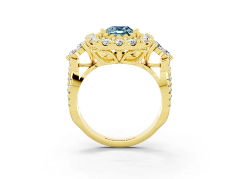 Yellow gold Emerald Cut Aquamarine Halo Ring with Pavé Band and Four-Prong Setting_15