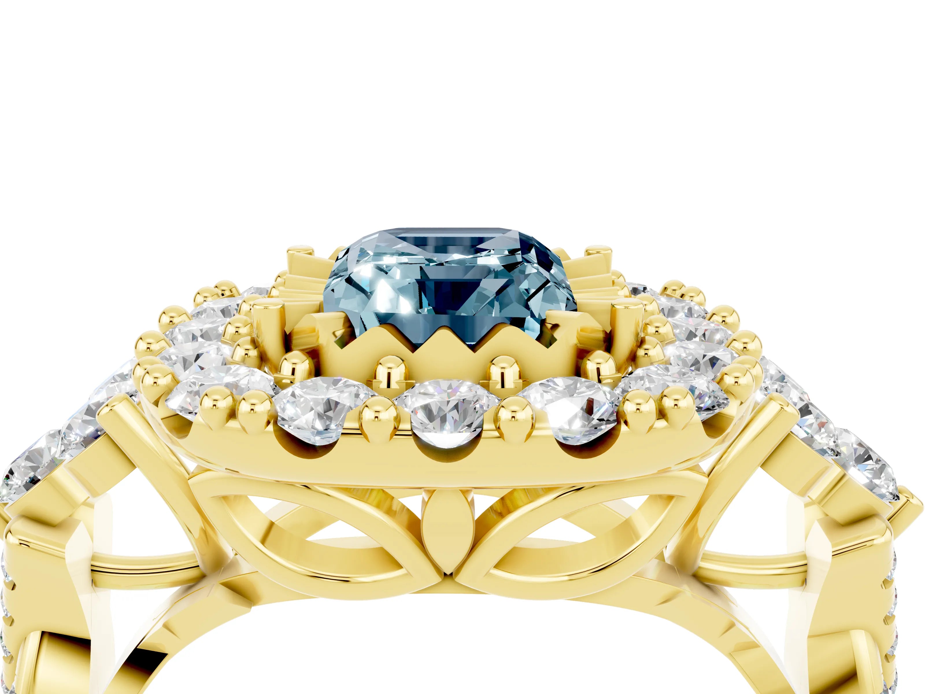 Yellow gold Emerald Cut Aquamarine Halo Ring with Pavé Band and Four-Prong Setting_16
