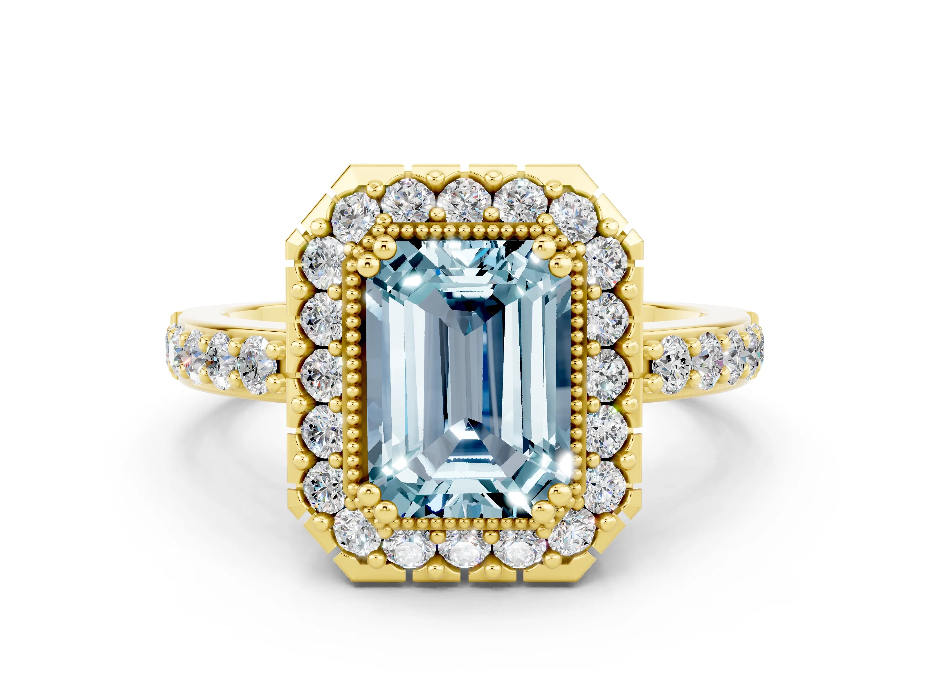 Yellow gold Emerald Cut Aquamarine Halo Ring with Pavé Band and Prong Setting