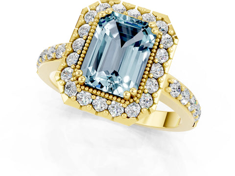 Yellow gold Emerald Cut Aquamarine Halo Ring with Pavé Band and Prong Setting_1
