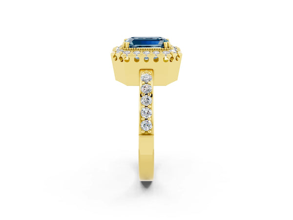 Yellow gold Emerald Cut Aquamarine Halo Ring with Pavé Band and Prong Setting