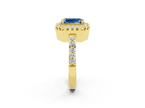 Yellow gold Emerald Cut Aquamarine Halo Ring with Pavé Band and Prong Setting_2