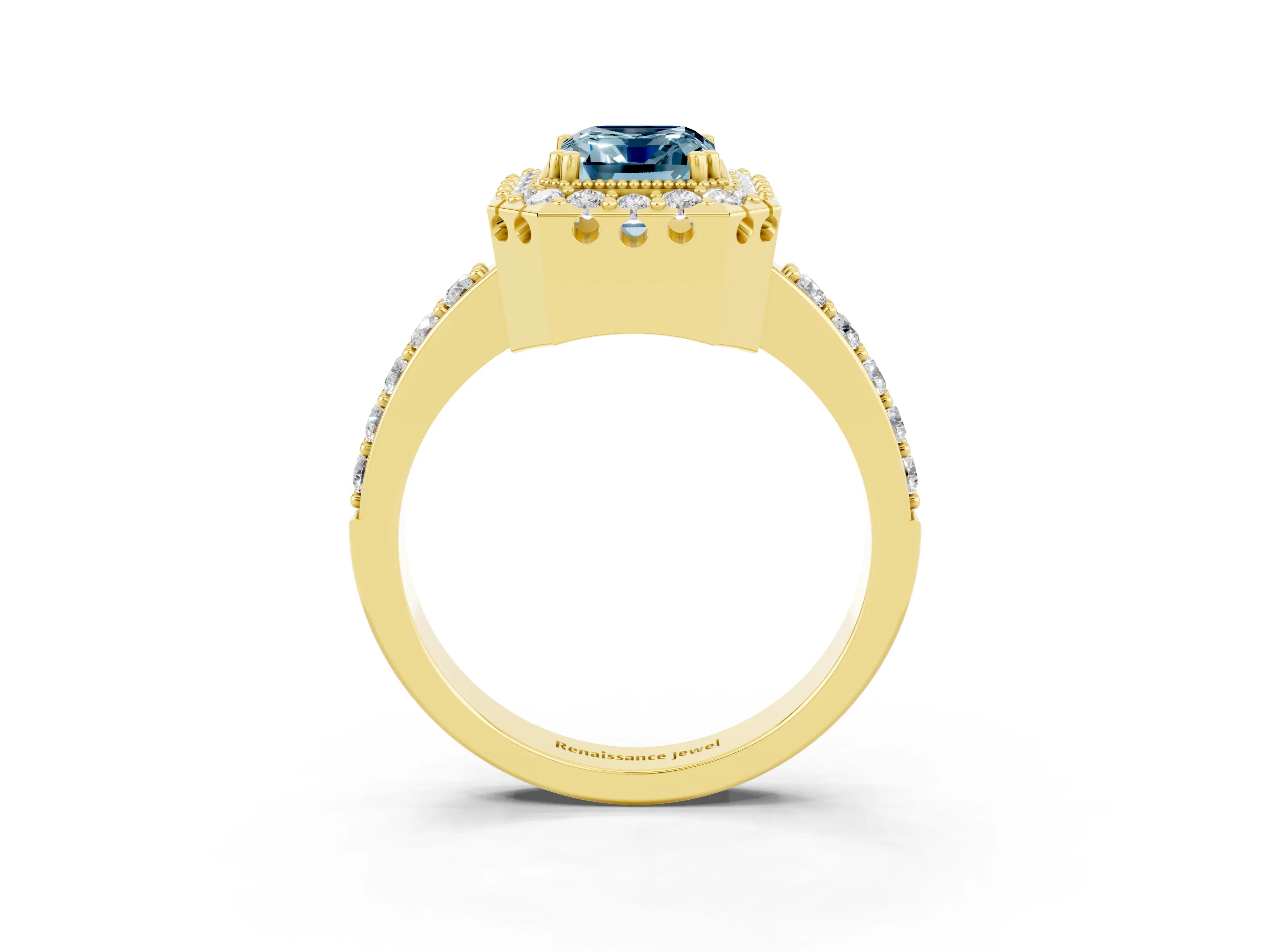 Yellow gold Emerald Cut Aquamarine Halo Ring with Pavé Band and Prong Setting_3
