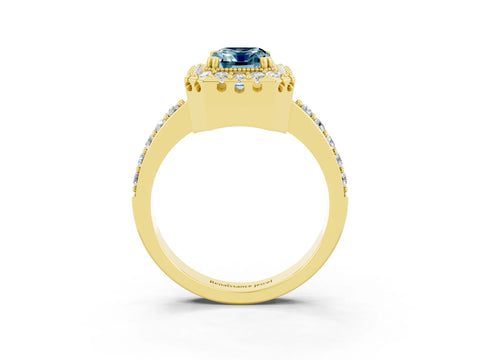 Yellow gold Emerald Cut Aquamarine Halo Ring with Pavé Band and Prong Setting_3