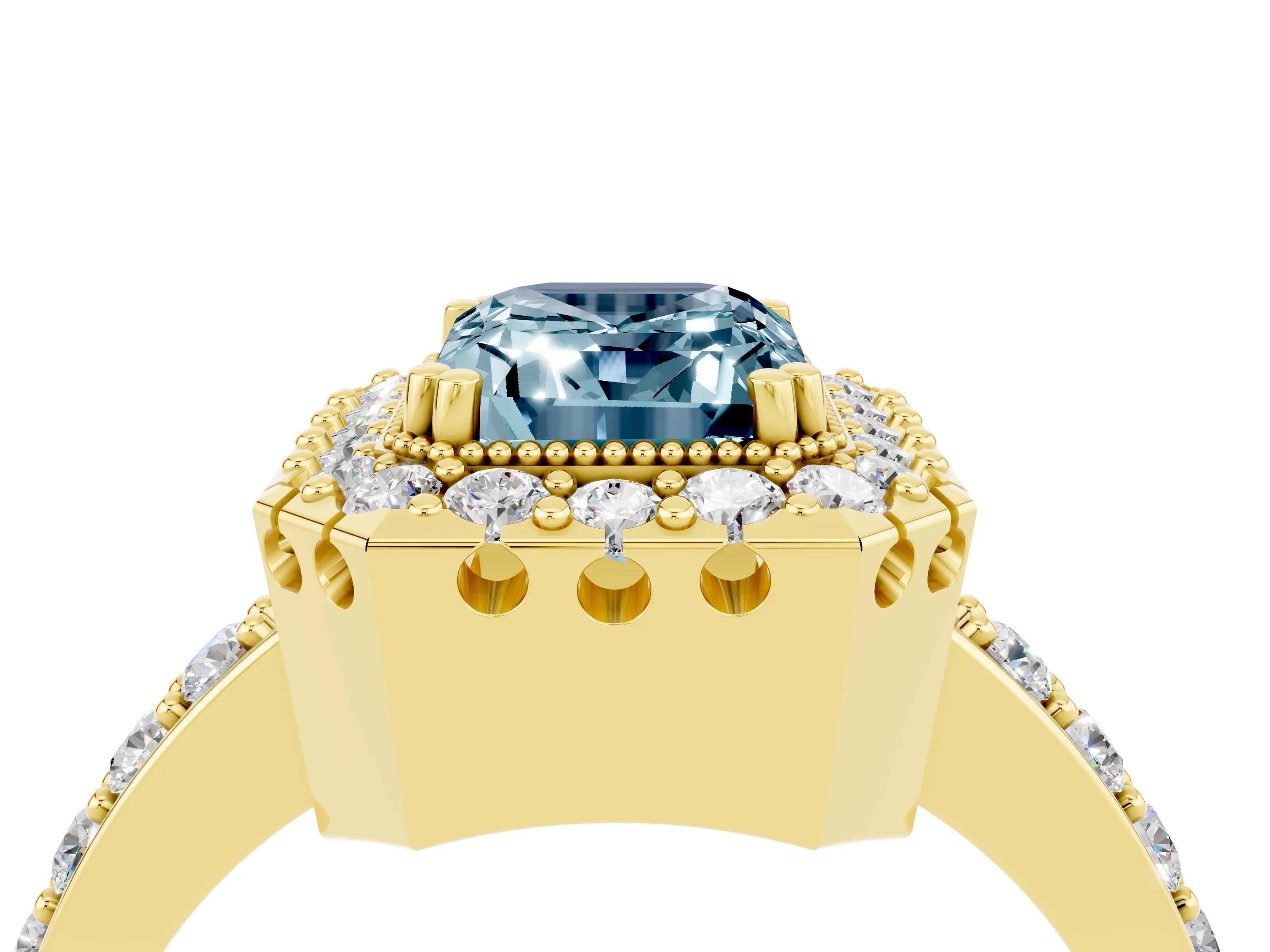 Yellow gold Emerald Cut Aquamarine Halo Ring with Pavé Band and Prong Setting_4