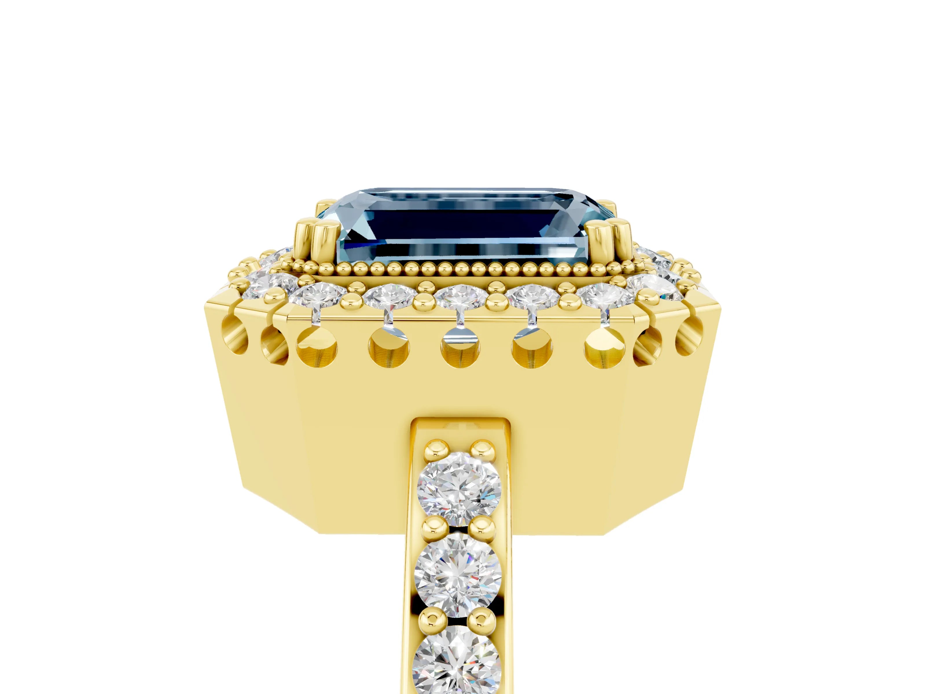Yellow gold Emerald Cut Aquamarine Halo Ring with Pavé Band and Prong Setting_5