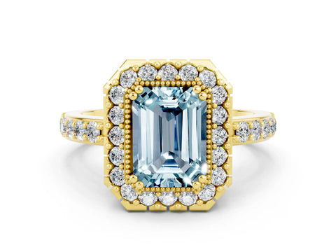 Yellow gold Emerald Cut Aquamarine Halo Ring with Pavé Band and Prong Setting