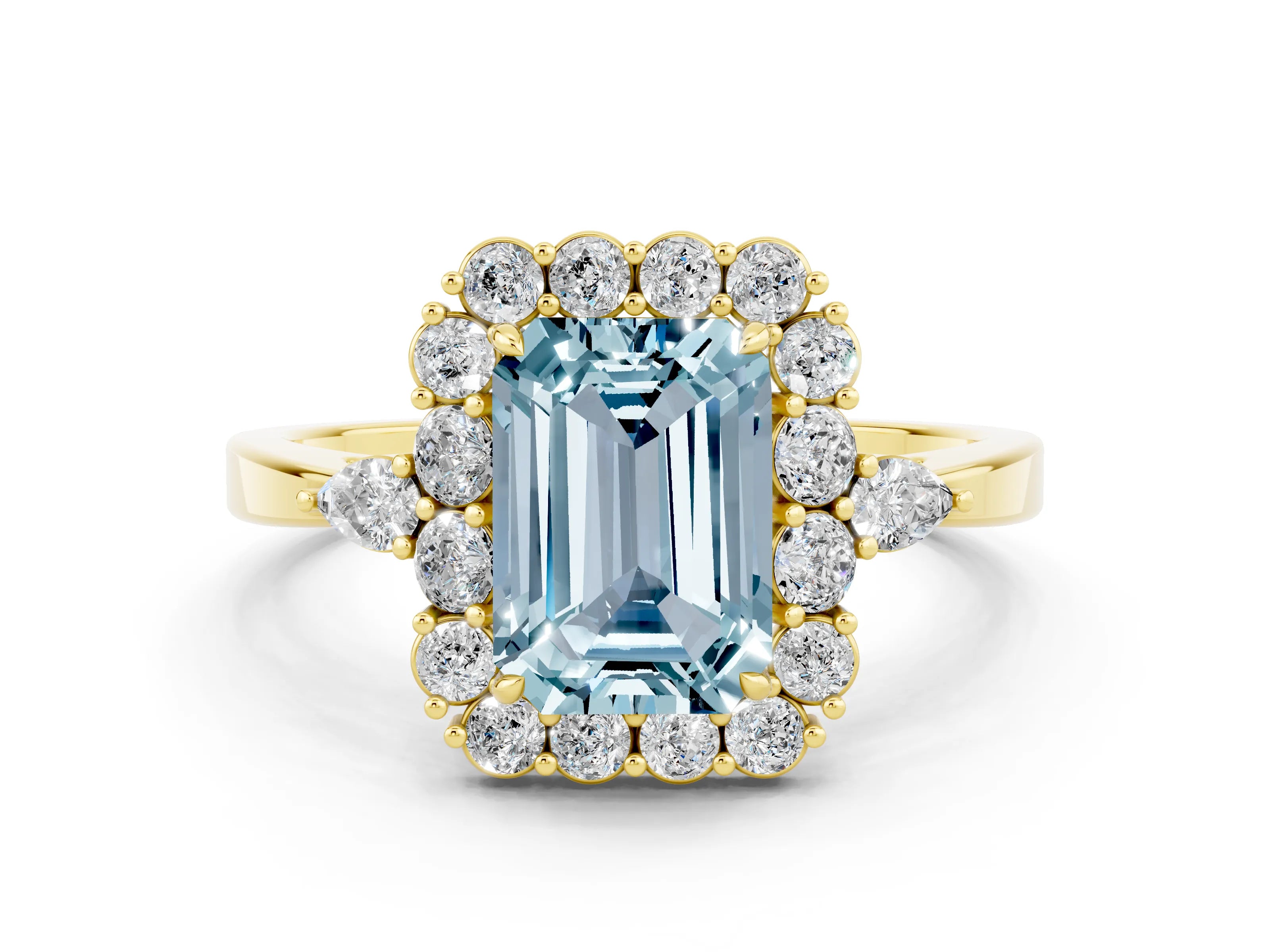 Yellow gold Emerald Cut Aquamarine Halo Ring with Pear Side Stones and Prong Setting_12