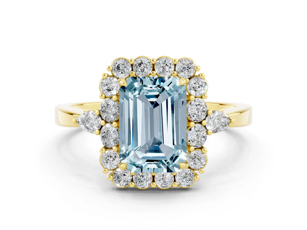 Yellow gold Emerald Cut Aquamarine Halo Ring with Pear Side Stones and Prong Setting