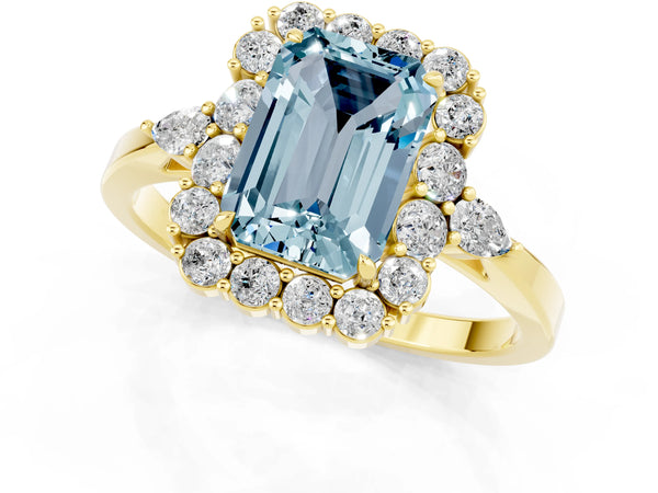 Yellow gold Emerald Cut Aquamarine Halo Ring with Pear Side Stones and Prong Setting
