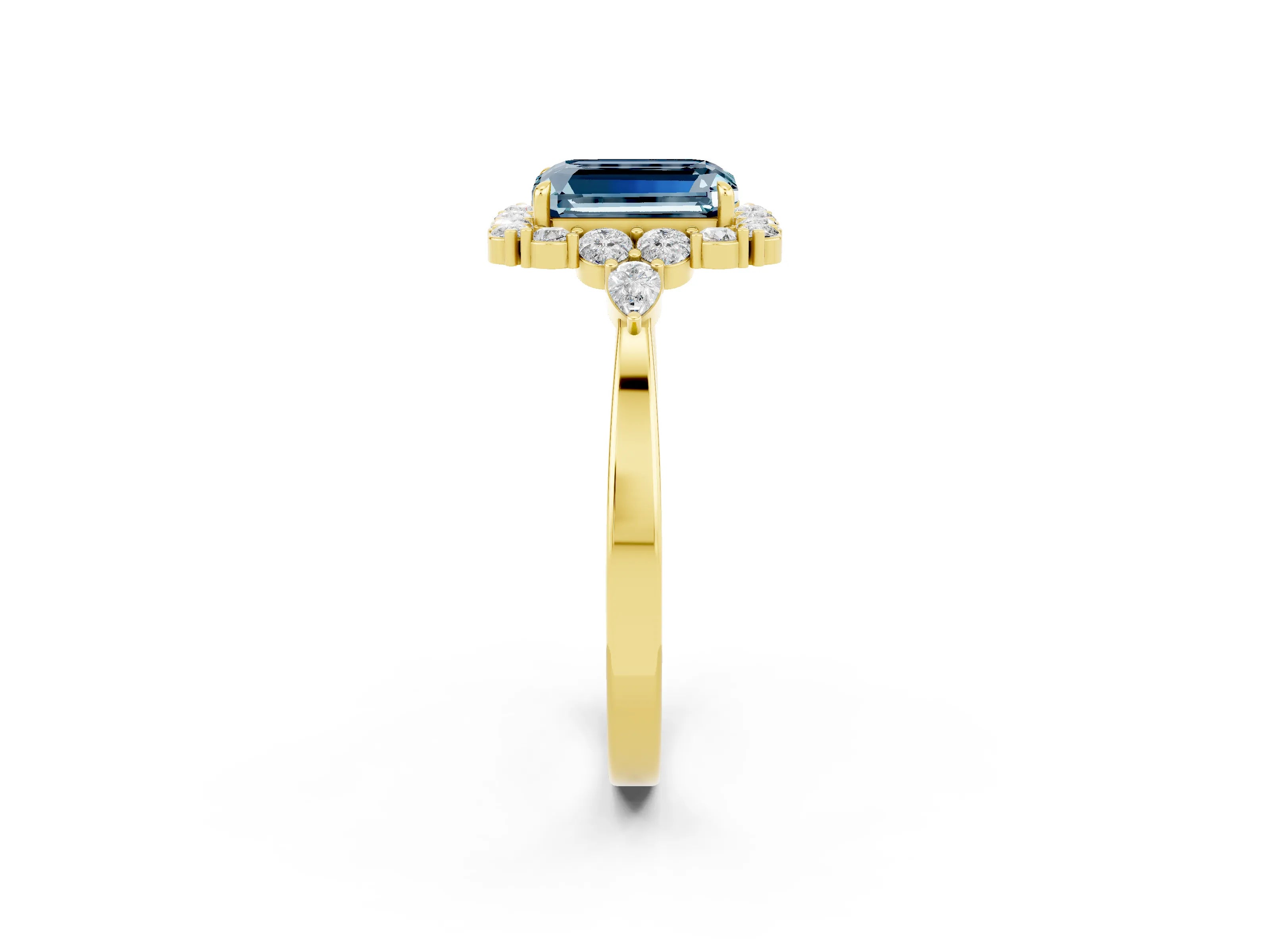 Yellow gold Emerald Cut Aquamarine Halo Ring with Pear Side Stones and Prong Setting_14