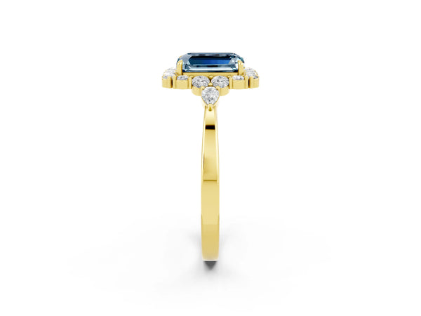 Yellow gold Emerald Cut Aquamarine Halo Ring with Pear Side Stones and Prong Setting