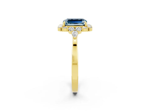 Yellow gold Emerald Cut Aquamarine Halo Ring with Pear Side Stones and Prong Setting_14