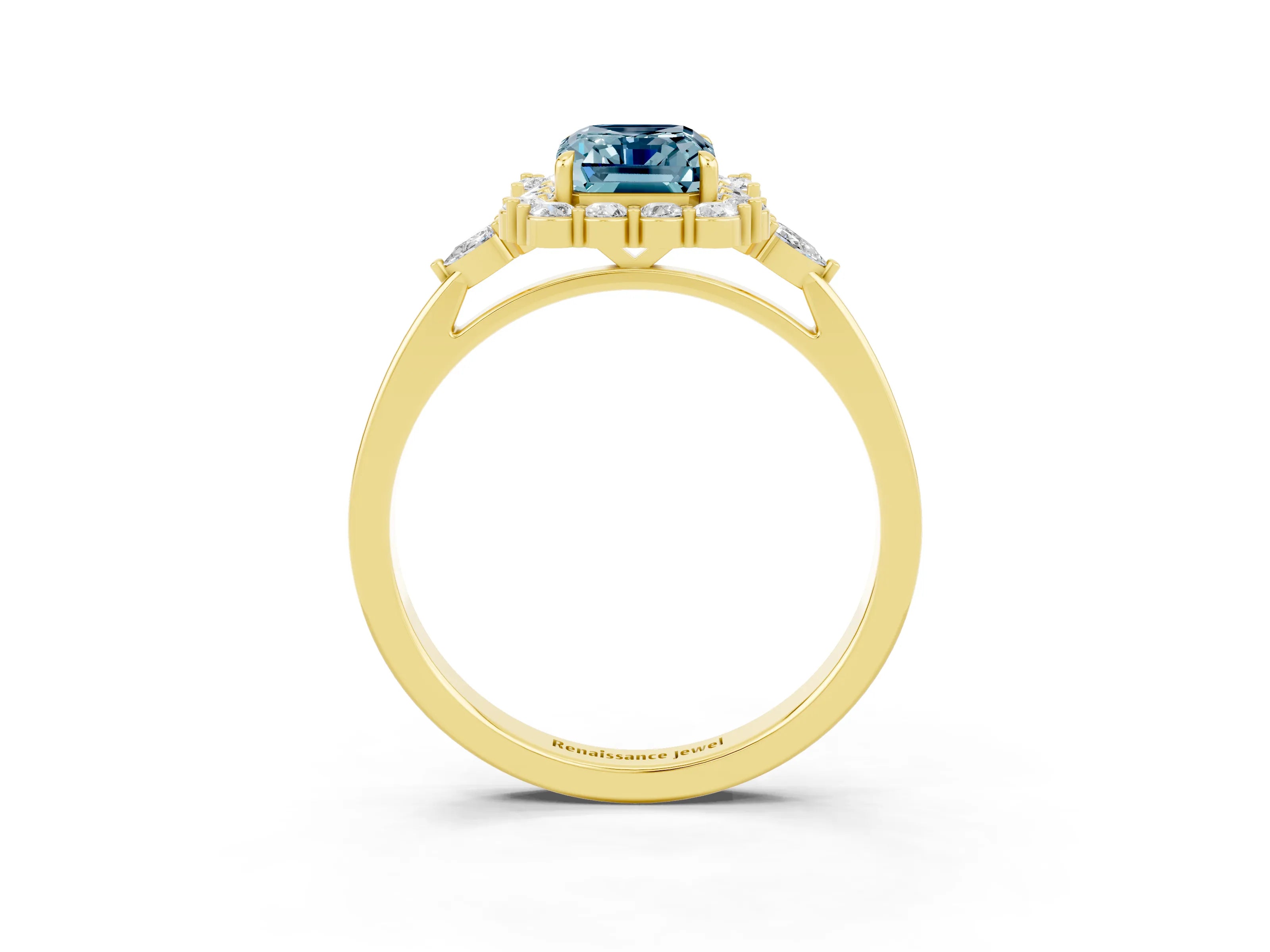 Yellow gold Emerald Cut Aquamarine Halo Ring with Pear Side Stones and Prong Setting_15