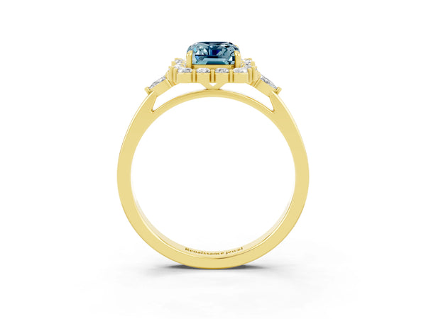 Yellow gold Emerald Cut Aquamarine Halo Ring with Pear Side Stones and Prong Setting