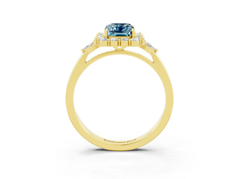 Yellow gold Emerald Cut Aquamarine Halo Ring with Pear Side Stones and Prong Setting_15
