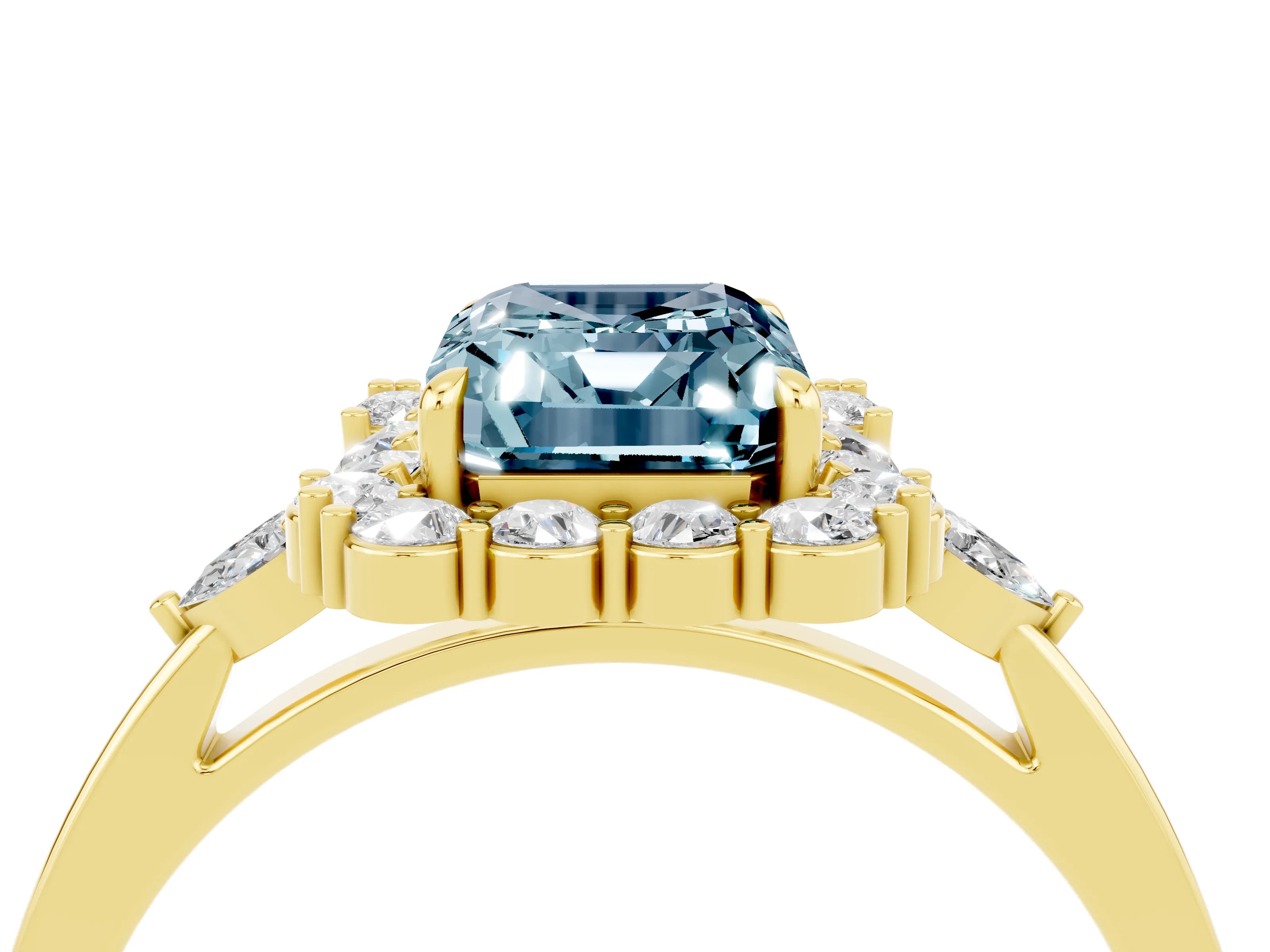 Yellow gold Emerald Cut Aquamarine Halo Ring with Pear Side Stones and Prong Setting_16