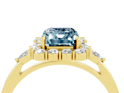 Yellow gold Emerald Cut Aquamarine Halo Ring with Pear Side Stones and Prong Setting_16