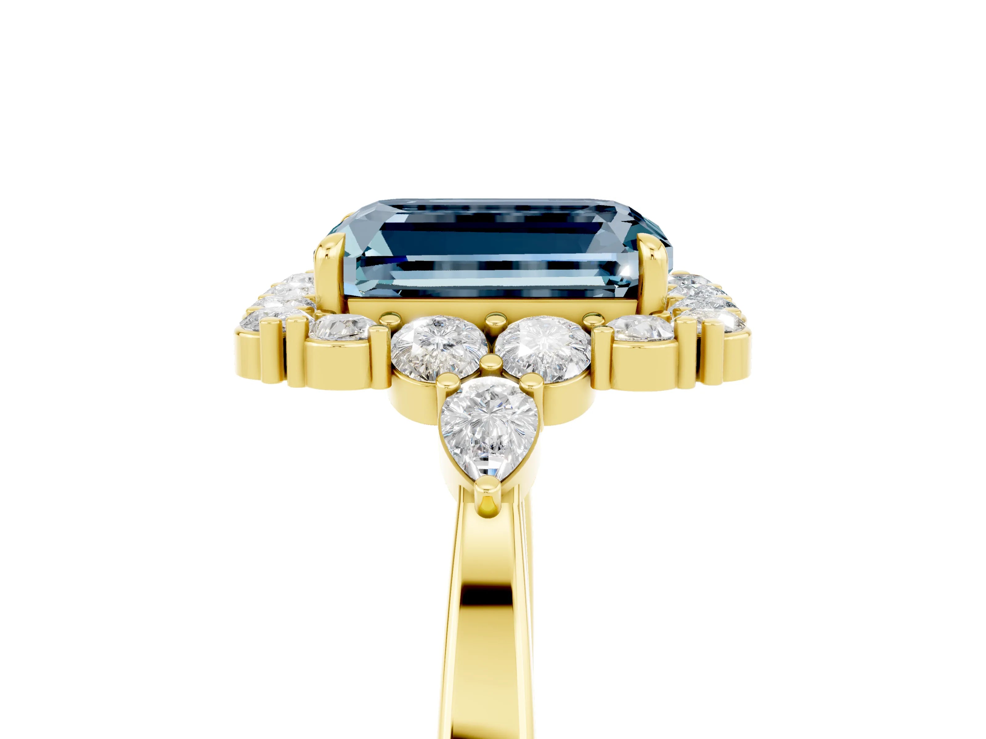 Yellow gold Emerald Cut Aquamarine Halo Ring with Pear Side Stones and Prong Setting_17