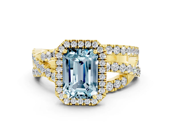 Yellow gold Emerald Cut Aquamarine Halo Ring with Round Split Shank and Prong Setting