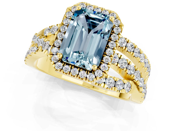 Yellow gold Emerald Cut Aquamarine Halo Ring with Round Split Shank and Prong Setting