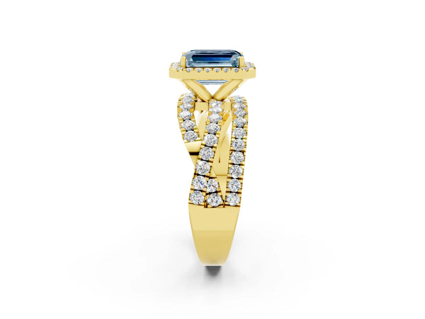 Yellow gold Emerald Cut Aquamarine Halo Ring with Round Split Shank and Prong Setting