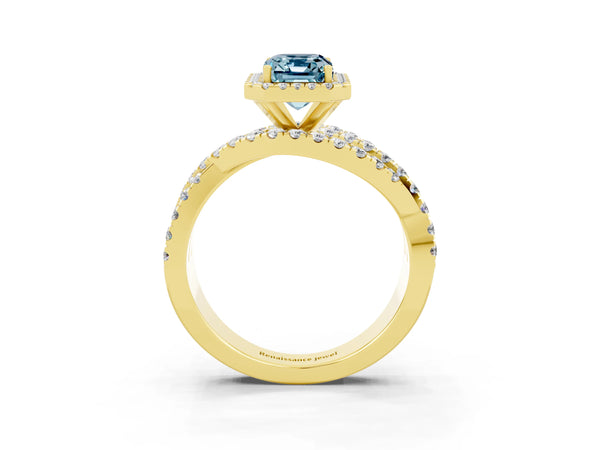 Yellow gold Emerald Cut Aquamarine Halo Ring with Round Split Shank and Prong Setting