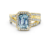 Yellow gold Emerald Cut Aquamarine Halo Ring with Round Split Shank and Prong Setting_49
